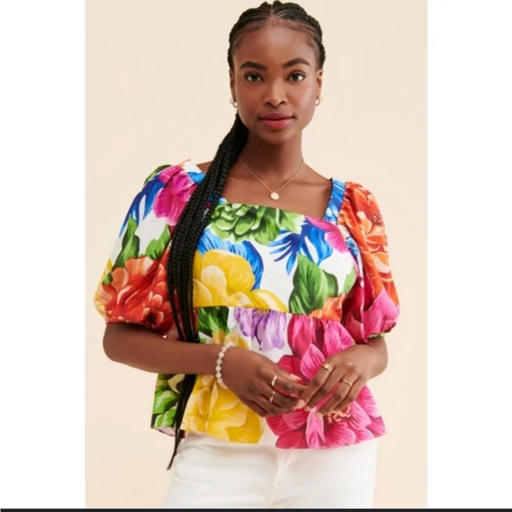 FARM RIO | Rainbow Chita Empire Waist Puff Sleeve Blouse Size MEDIUM